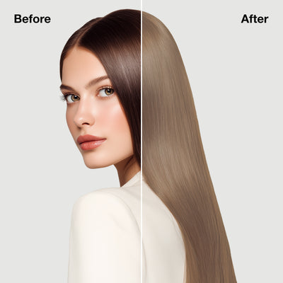 GK Hair's model 7 showing her hair before and after using GK Hair's 9.13 Ash Golden Very Light Blonde Cream Color