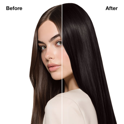 GK Hair's model 8 showing her hair before and after using GK Hair's 5.82 Light Moka Irisee Brown Cream Color