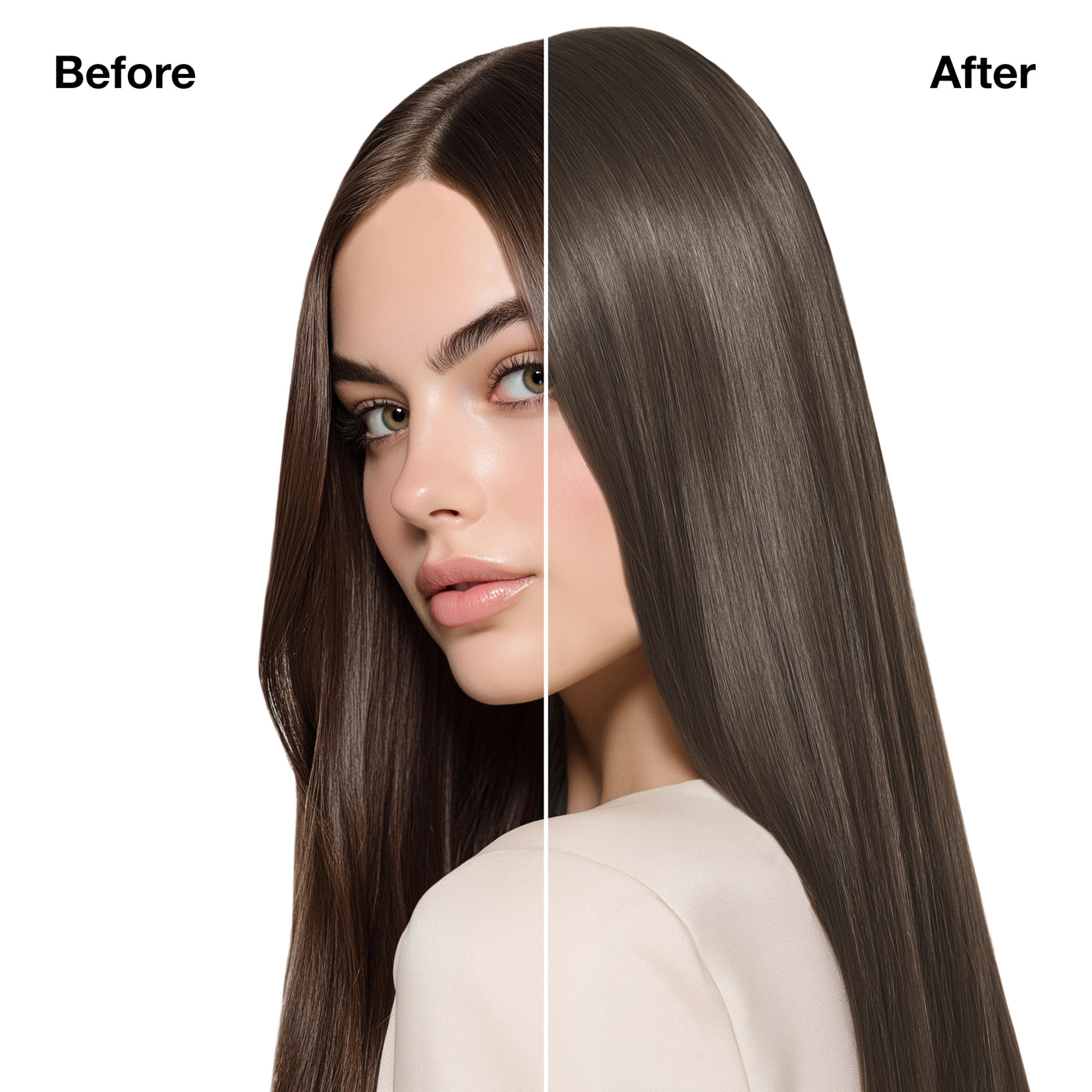 GK Hair's model 8 showing her hair before and after using GK Hair's Juvexin 6.17 Matt Dark Blonde Cream Color