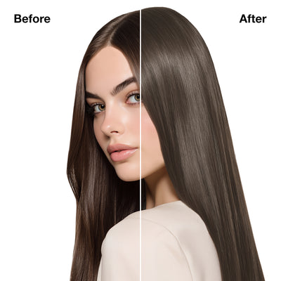 GK Hair's model 8 showing her hair before and after using GK Hair's Juvexin 6.17 Matt Dark Blonde Cream Color