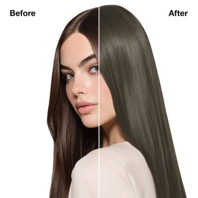 GK Hair's model 8 showing her hair before and after using GK Hair's 7.17 Matt Blonde Cream Color