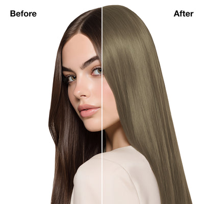 GK Hair's model 8 showing her hair before and after using GK Hair's 8.17 Matt Light Blonde Cream Color