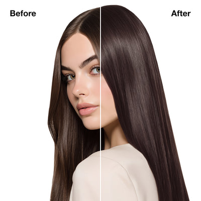 GK Hair's model 8 showing her hair before and after using GK Hair's Juvexin 8.82 Light Moka Irisee Blonde Cream Color