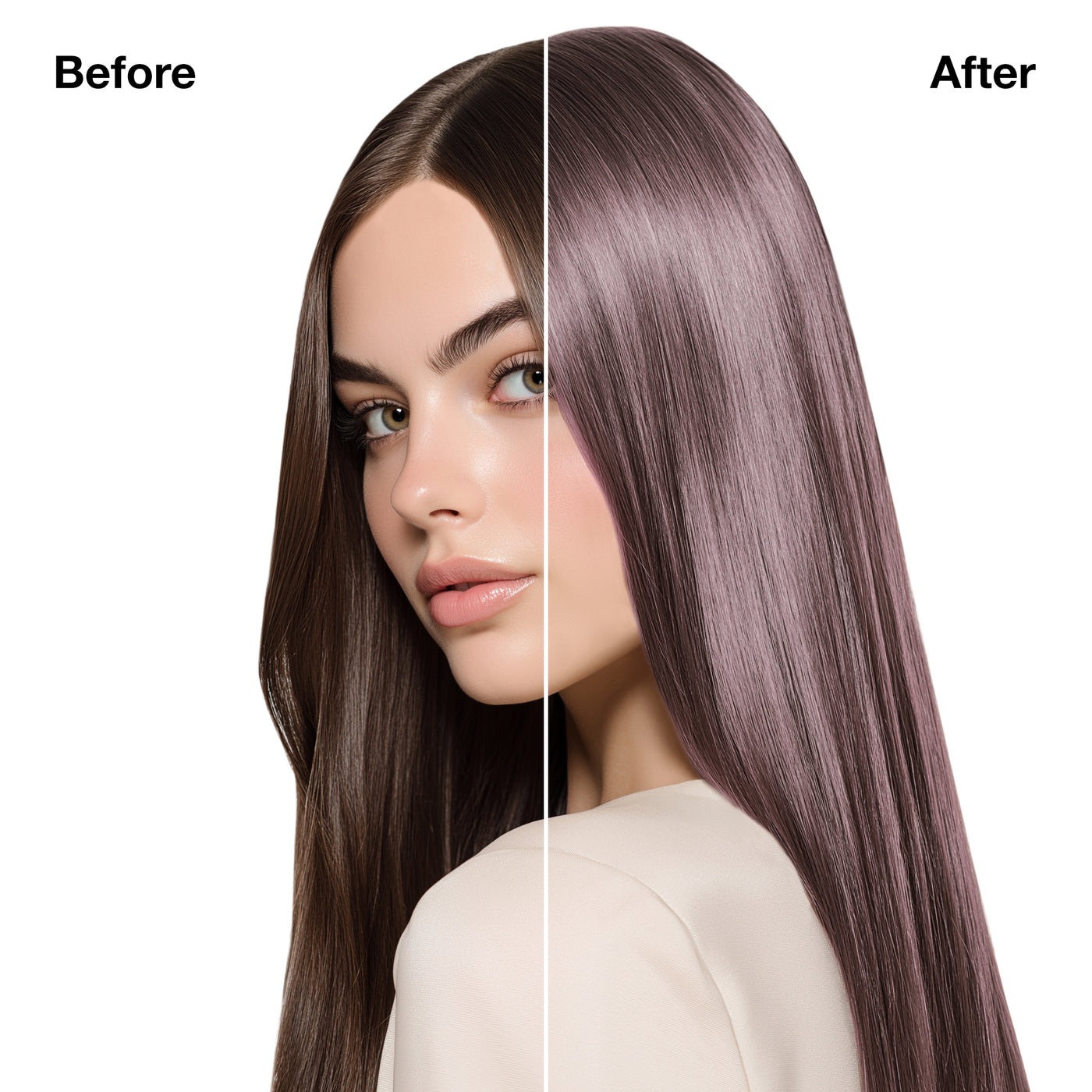 GK Hair's model 8 showing her hair before and after using GK Hair's 9.82 Very Light Moka Irisee Blonde Cream Color