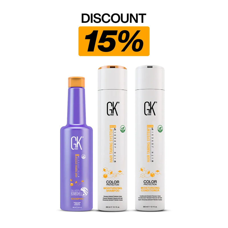 DISCOUNT 15% headline over GK Hair Silver Bombshell Shampoo 280 ml with Moisturizing Shampoo and Conditioner 300 ml