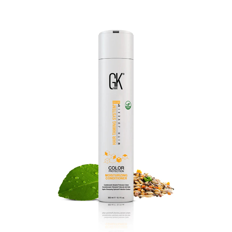 GK Hair Color Protection Moisturizing Conditioner 300 ml white bottle, front view, with a green leaf and mixed grains