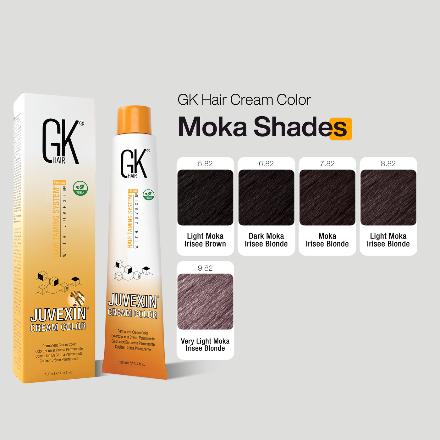 GK Hair Cream Color packaging with Moka Shades on a gray background