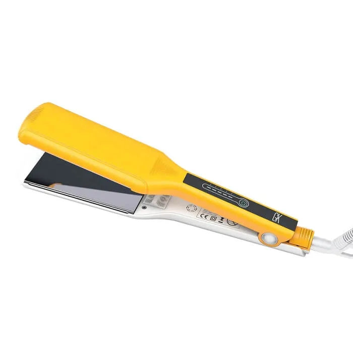 GK Hair One Control Titanium Flat Iron at an angle, yellow and white body with wide plates, black control panel and cord