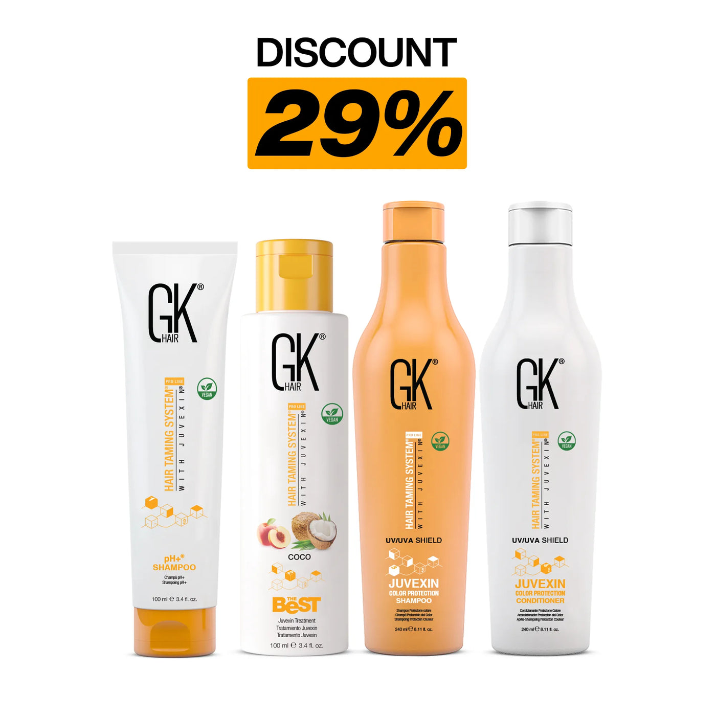 Four GK Hair products displayed with a bold "DISCOUNT 29%" label. Includes pH+ Shampoo, The Best Coco, Shield Shampoo and Shield Condiioner.