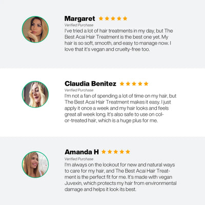 Three glowing reviews praise "The Best Acai Hair Treatment" for its vegan, cruelty-free formula, convenience, and effectiveness on all hair types.
