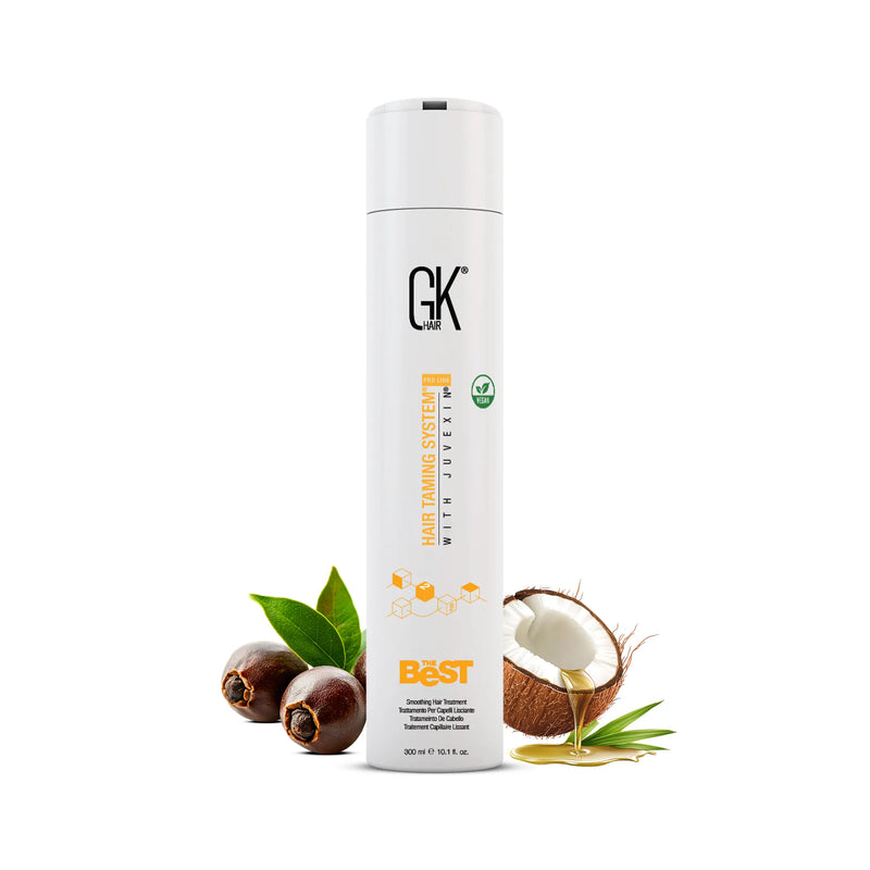 GK Hair The Best Hair Treatment 300ml Surrounded by Coconut and nut with a white background