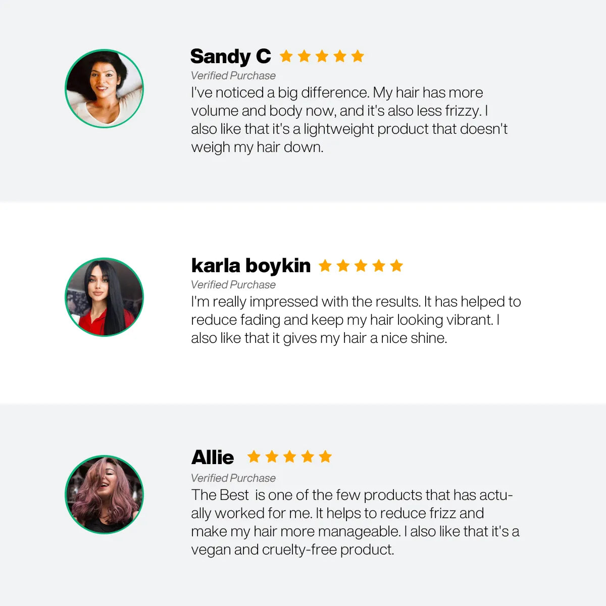 Three glowing reviews praise "The Best Best Hair Treatment" effectiveness on all hair types.