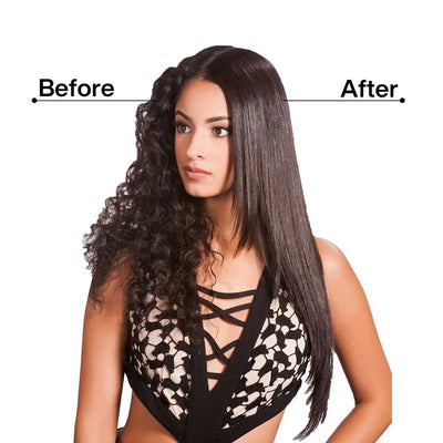 A Model Showcasing her before and after using Tibolli Trioxxy Hair Treatment