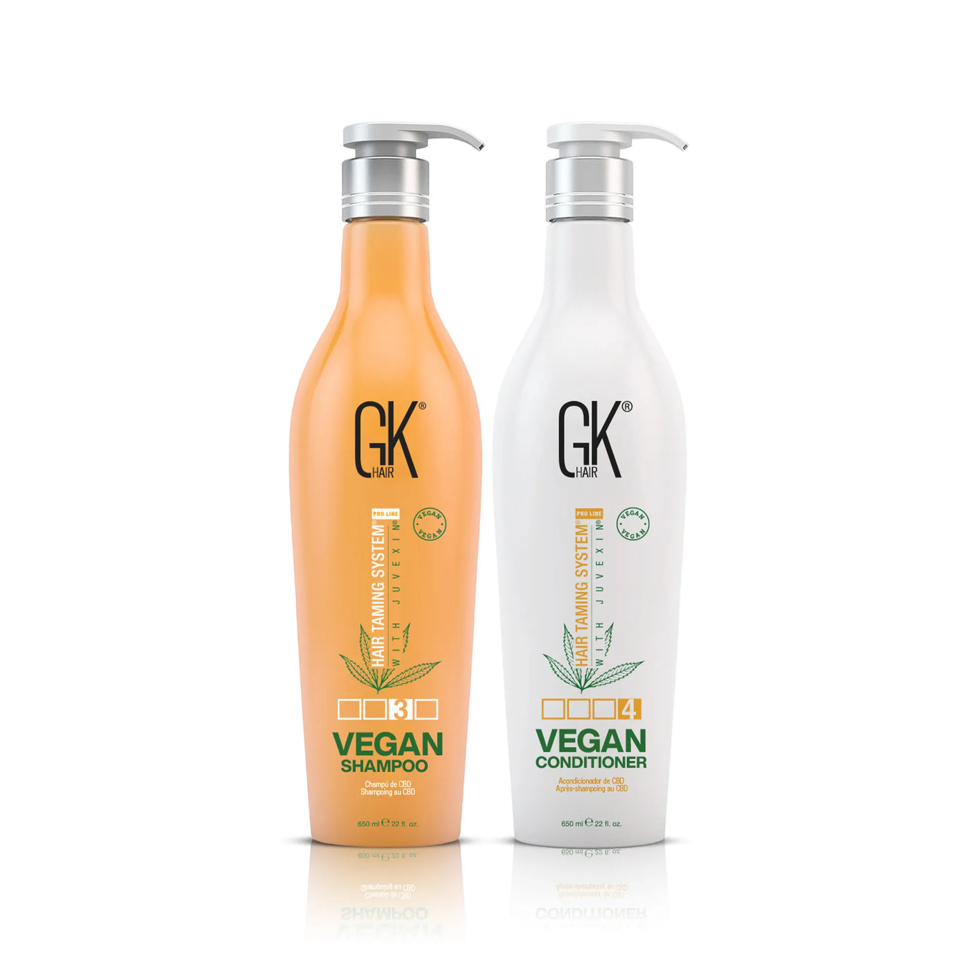 GK Hair Vegan Shampoo and Conditioner 650ml with a white background 