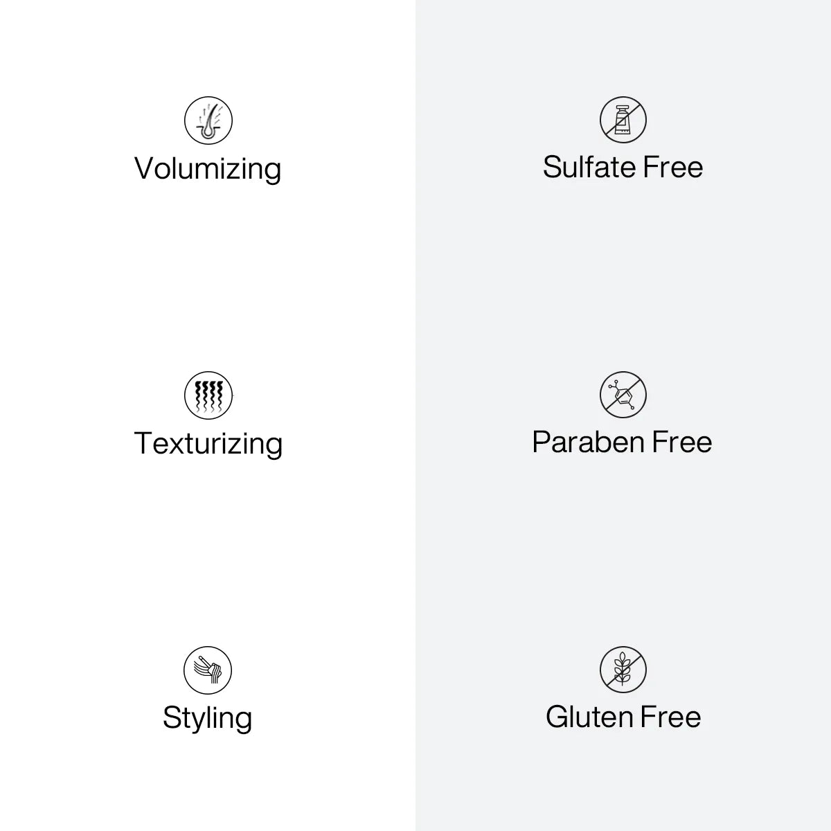 List of product features with icons and text on a white background